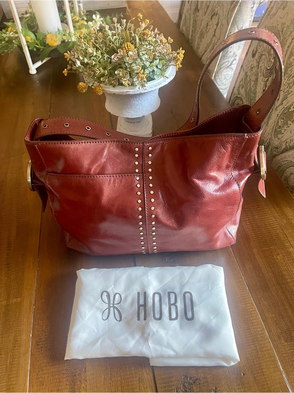 Hobo Render Shoulder Bag- Henna 
Burgundy Leather Studded Hobo Shoulder Bag